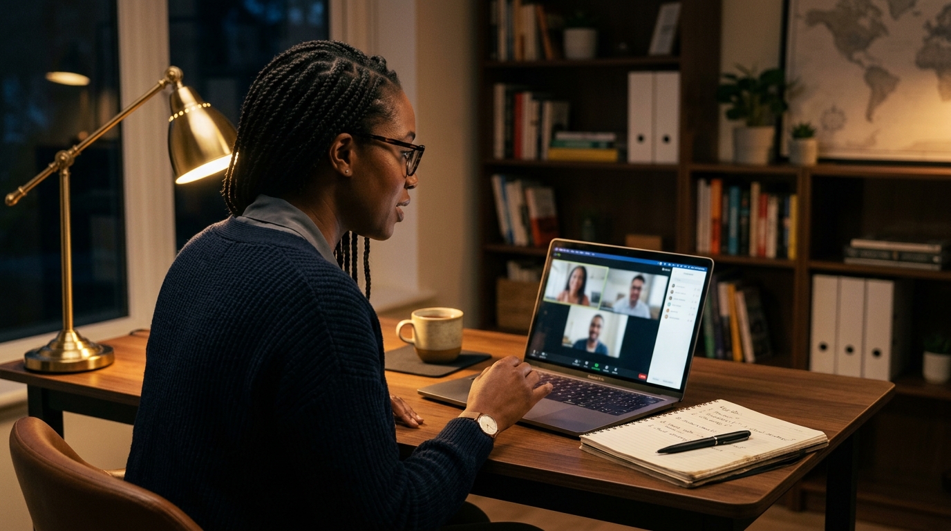 Consultant reviewing notes before asking a closing question in a video interview