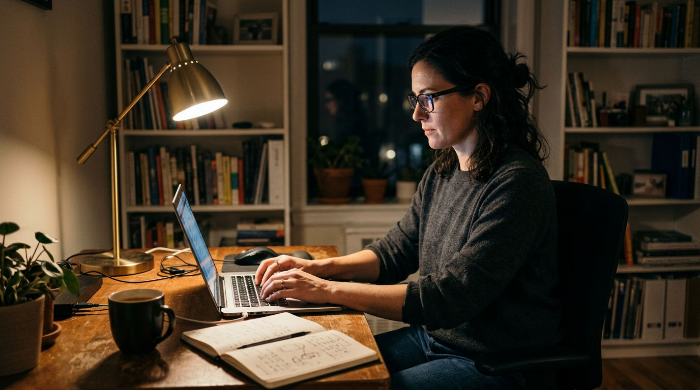 Consultant at a home desk at night writing a cold email to a hiring manager