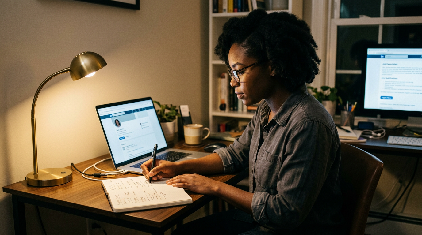 Consultant at a laptop drafting a cold outreach message to a hiring manager at night