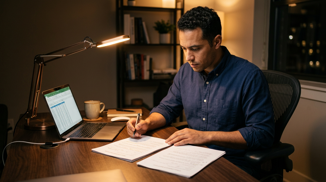 Consultant at a home desk at night reviewing two separate employer petitions for concurrent H-1B work authorization