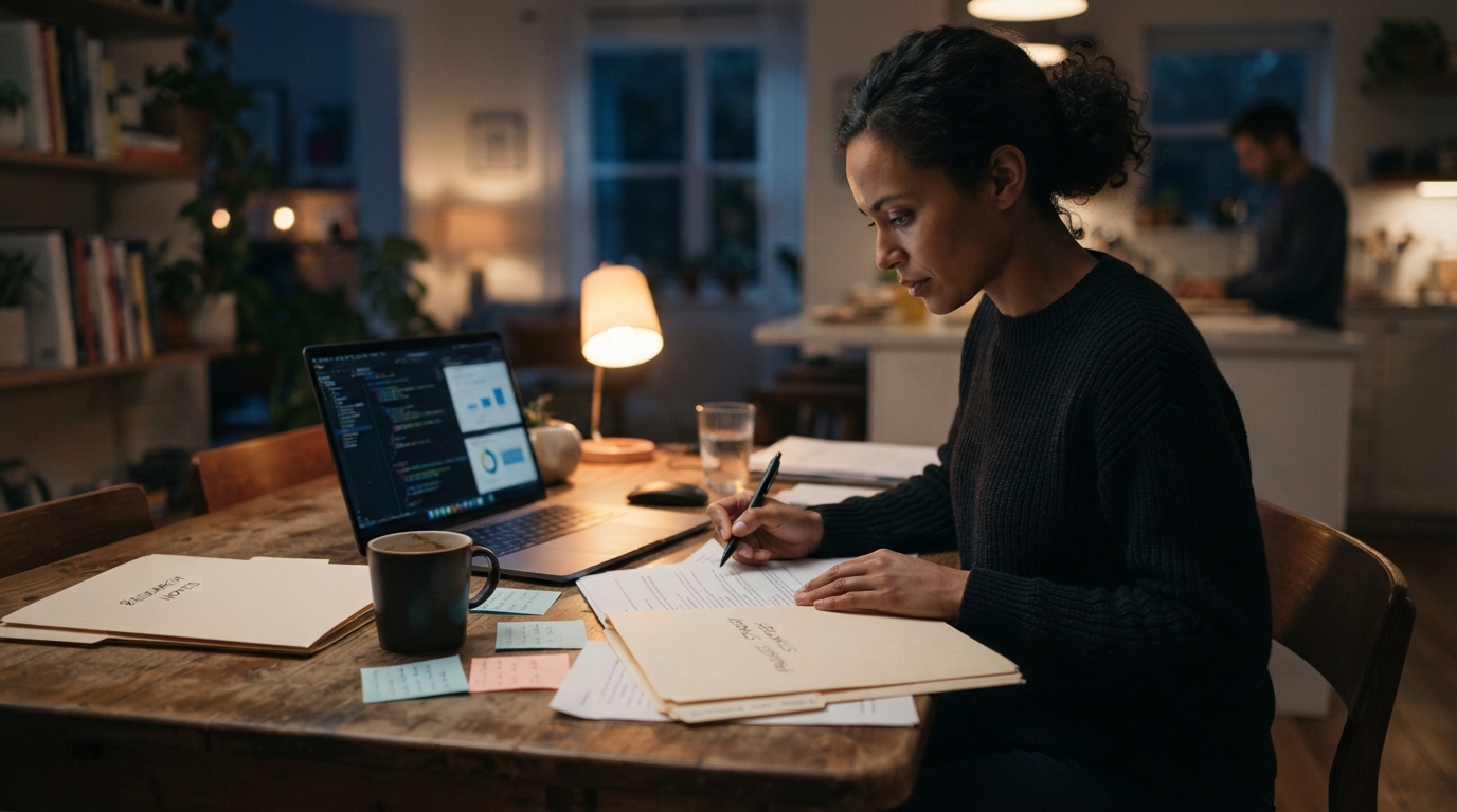 Consultant reviewing two sets of H-1B petition documents at a kitchen table at night