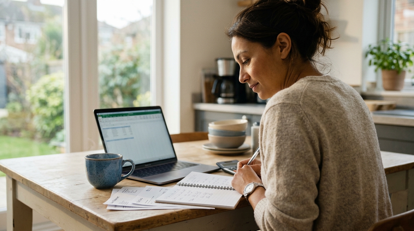 Consultant reviewing savings and tax documents at a kitchen table