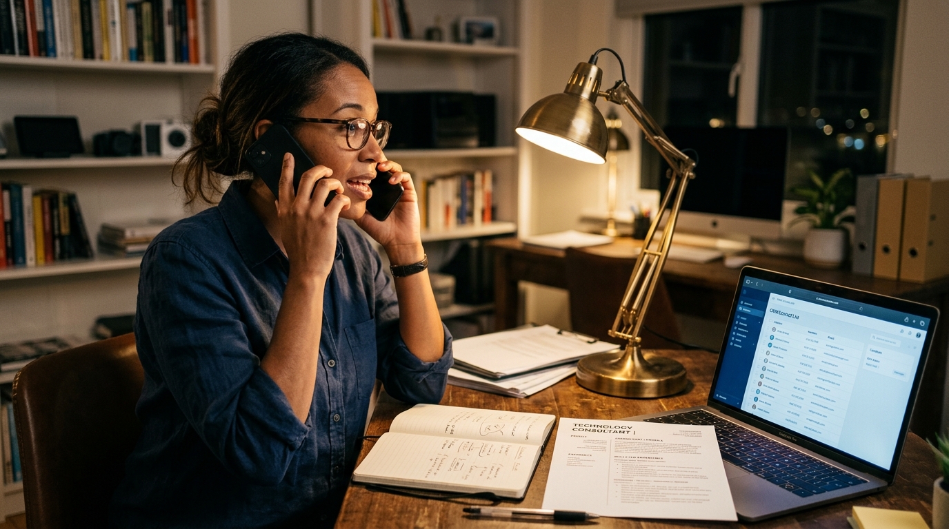 Consultant on a phone call reviewing notes to prep a professional reference