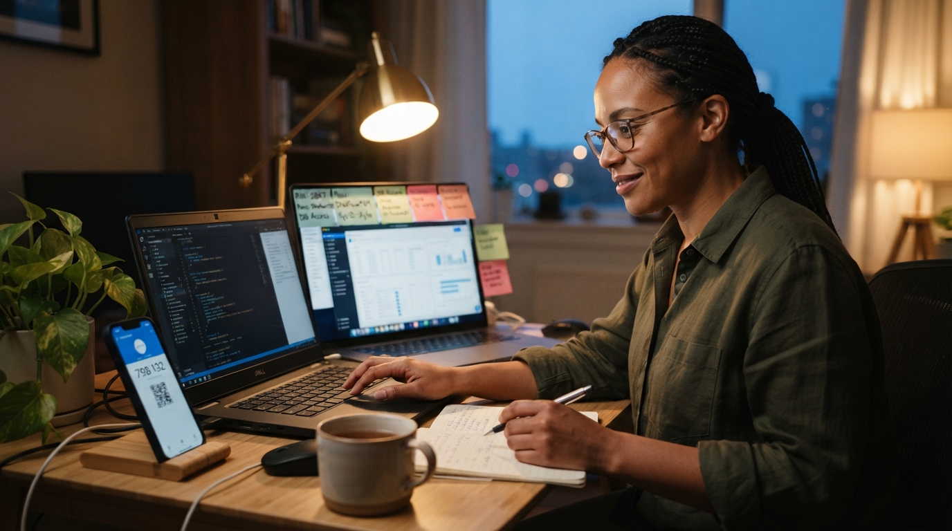 Consultant at a desk with two laptops and a phone running an authenticator app