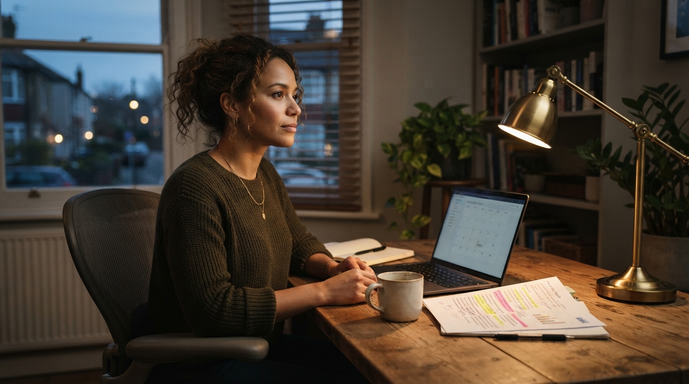 Consultant reviewing a project status report at a home desk while preparing a contract extension request