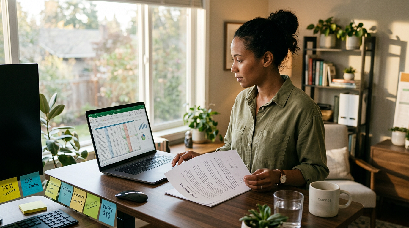 Consultant at standing desk reviewing rate data and a contract before negotiating