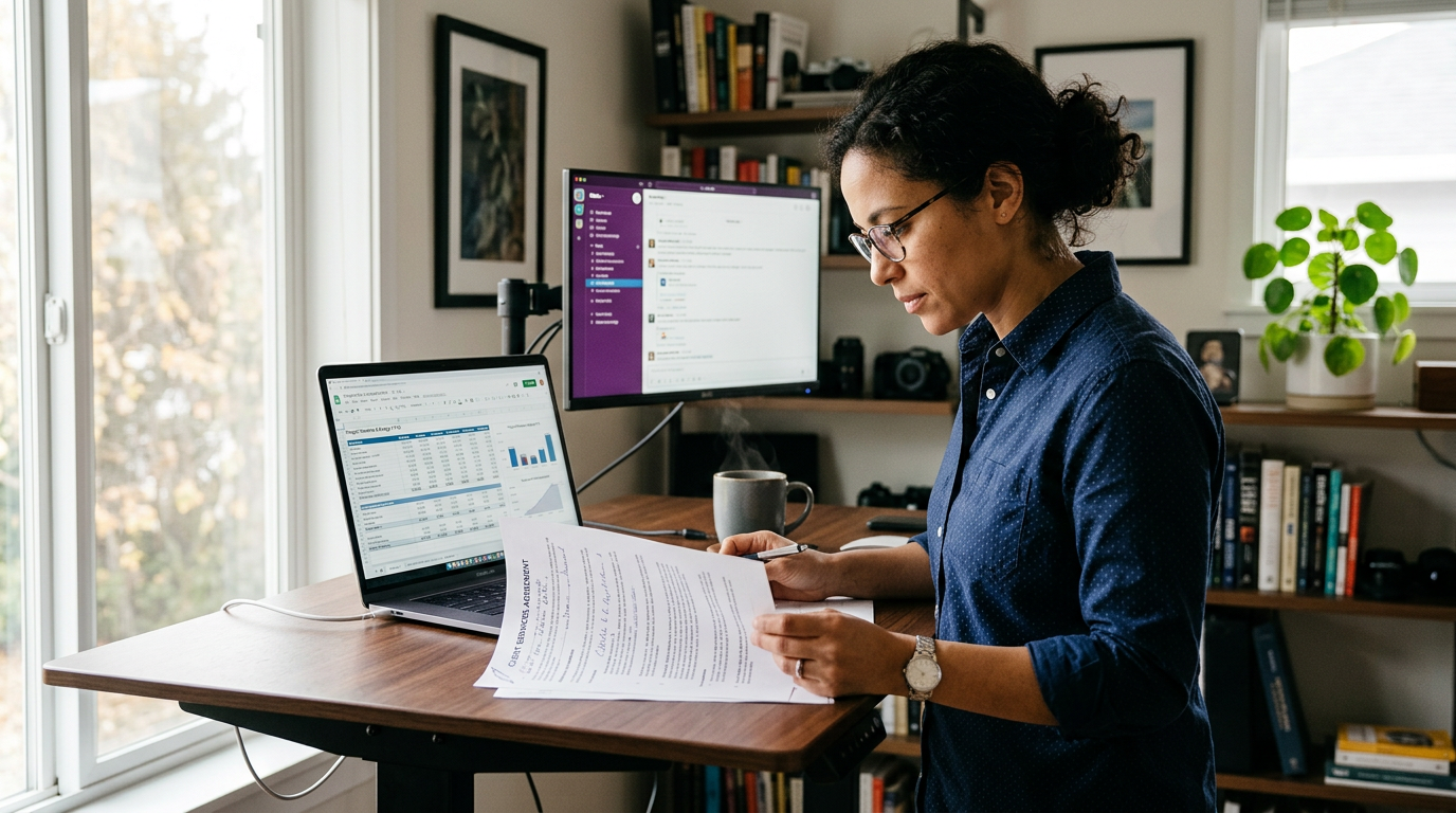 Consultant at a standing desk reviewing a contract and rate data on a laptop