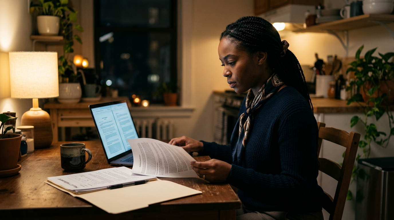 Early-career IT contractor reviewing contract paperwork and a laptop at a kitchen table at night