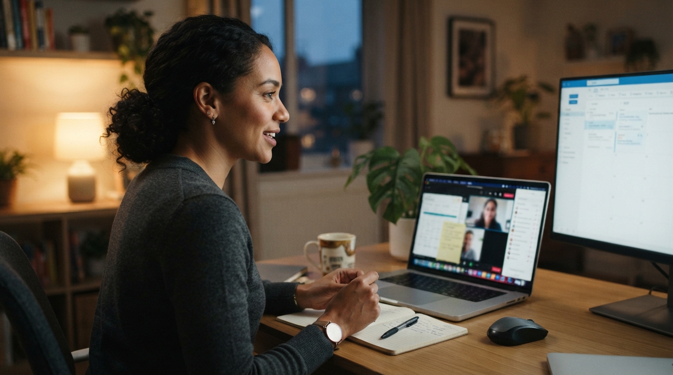 Consultant on a laptop video call during a contract technical interview at a home desk