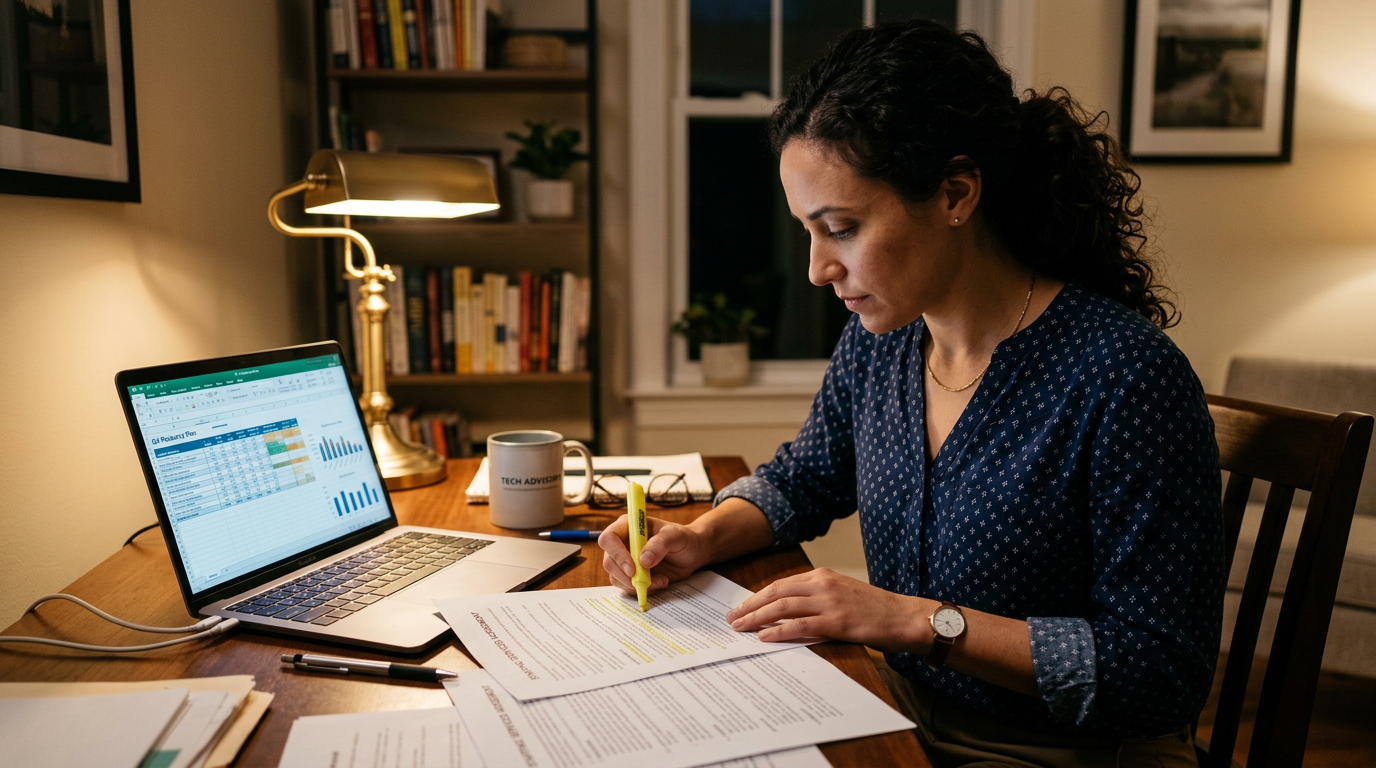 Consultant reviewing a printed staffing contract with a highlighter at a home desk