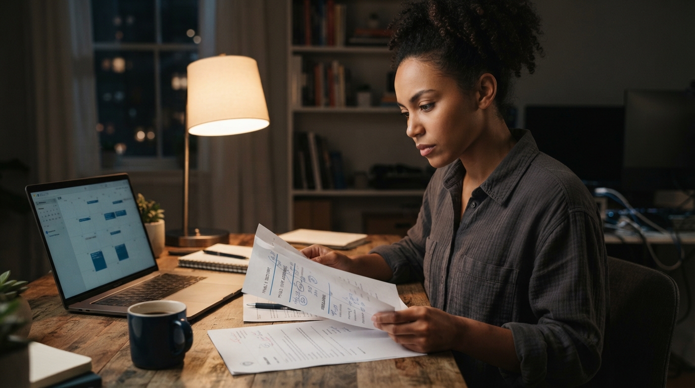 Consultant reviewing employment dates and offer letter at a desk during a background check