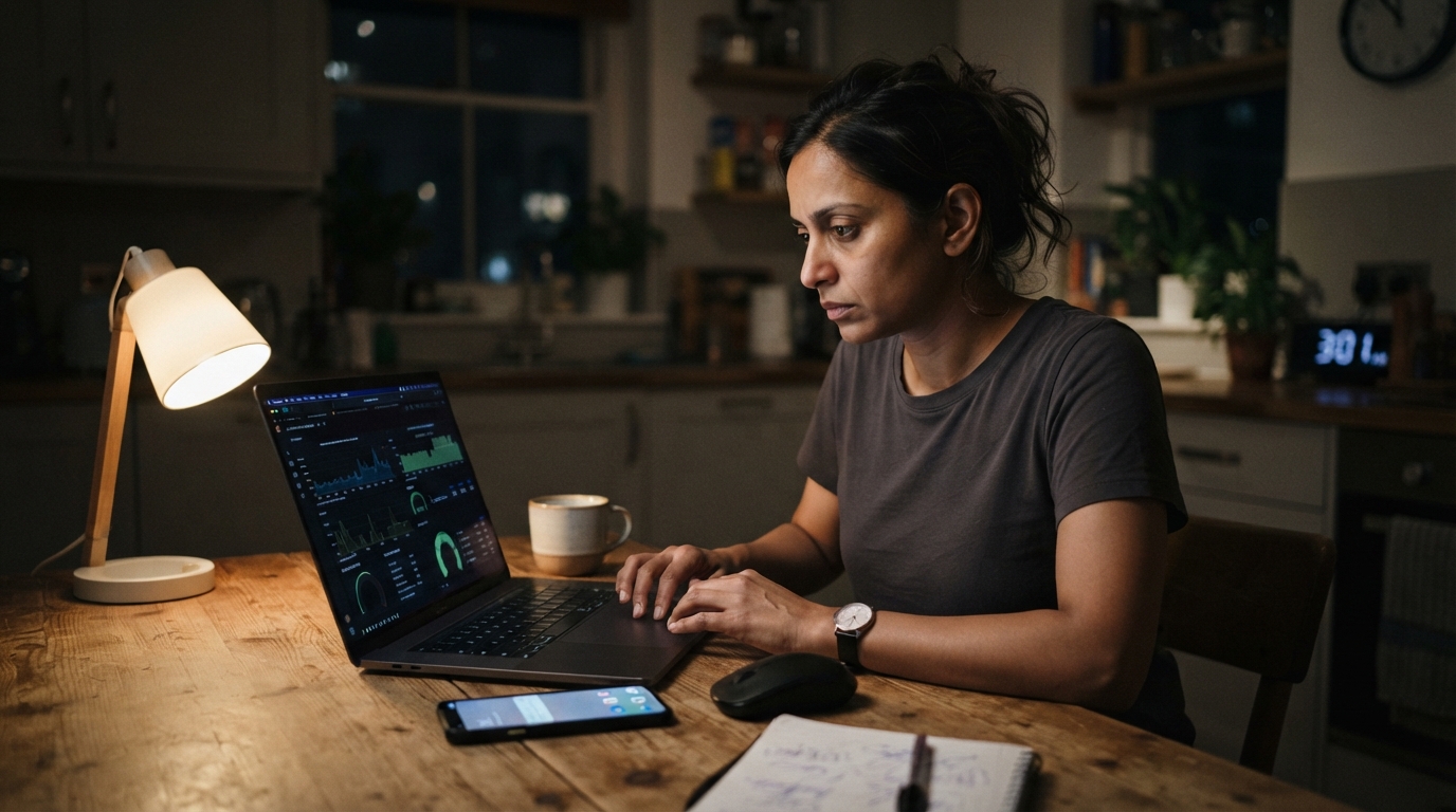Contractor at a kitchen table at night responding to an on call page on a laptop