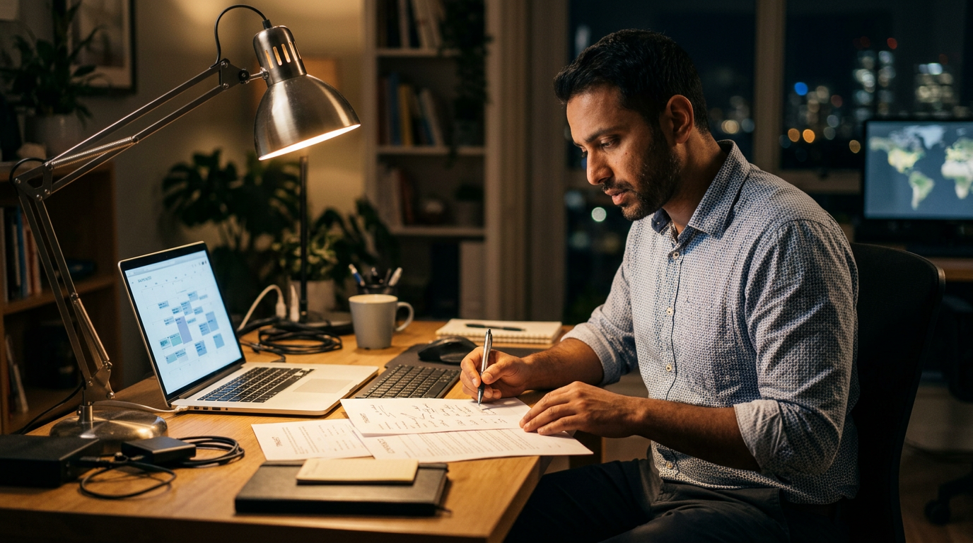 Consultant reviewing a printed timesheet and contract at a desk lamp late in the evening