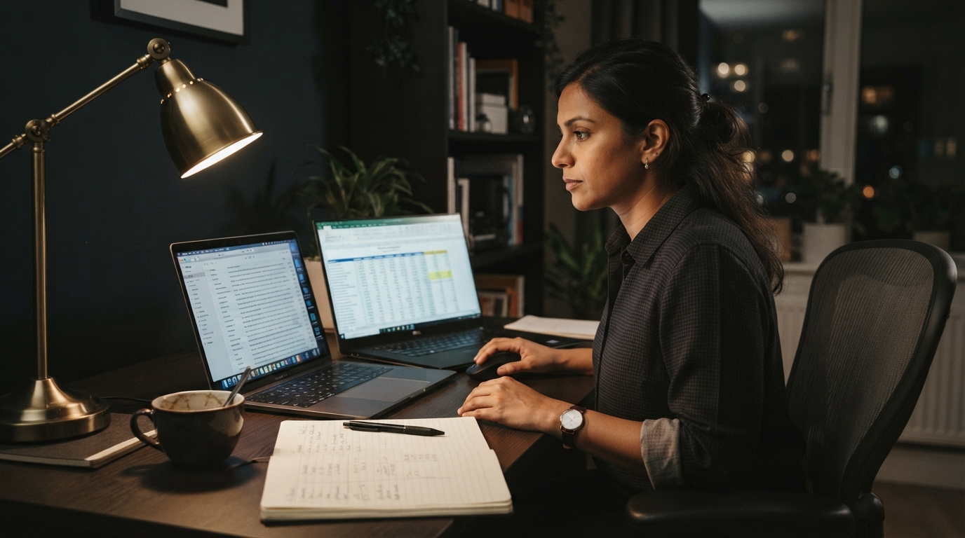 Consultant at a home desk at night comparing a contract extension against a new counter offer