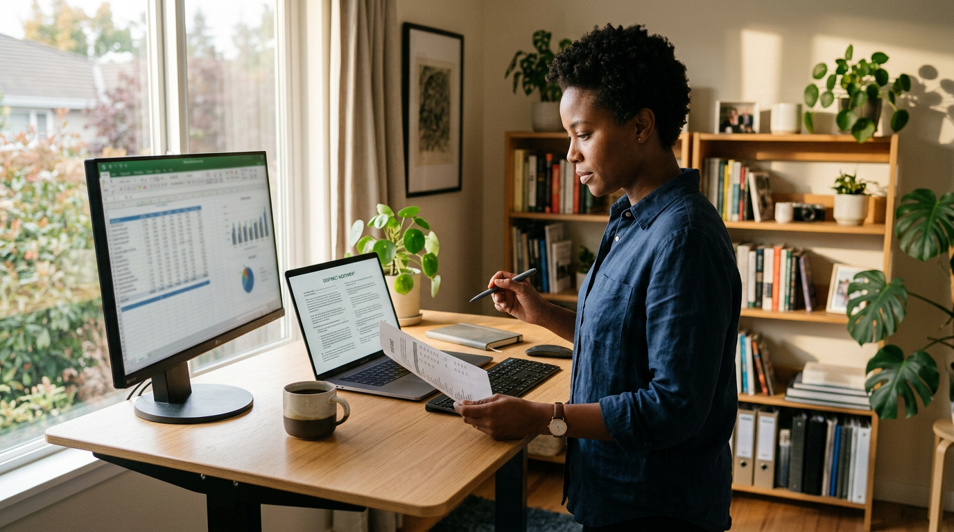 Contract consultant at a standing desk reviewing a rate sheet and contract before a recruiter call