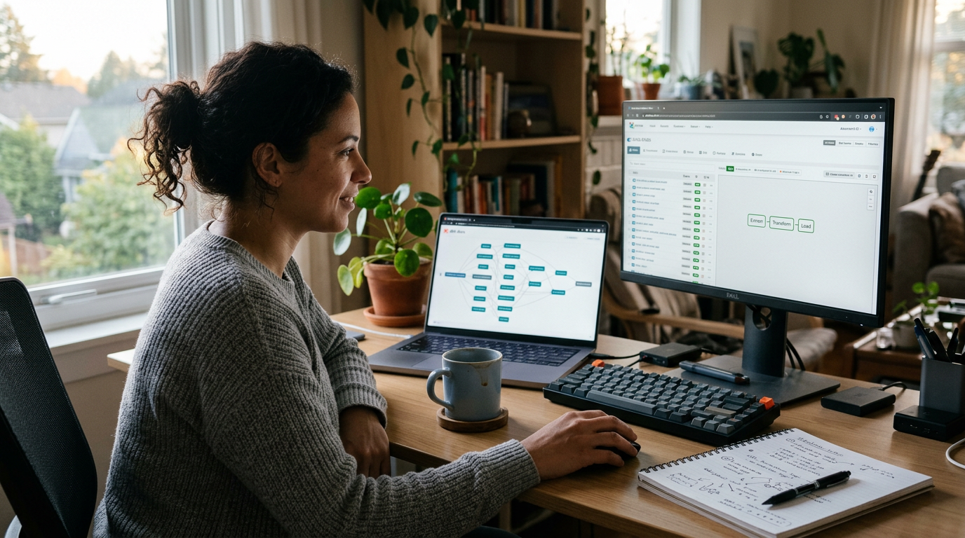 Data engineer reviewing dbt and Airflow dashboards on a laptop at a home desk in morning light