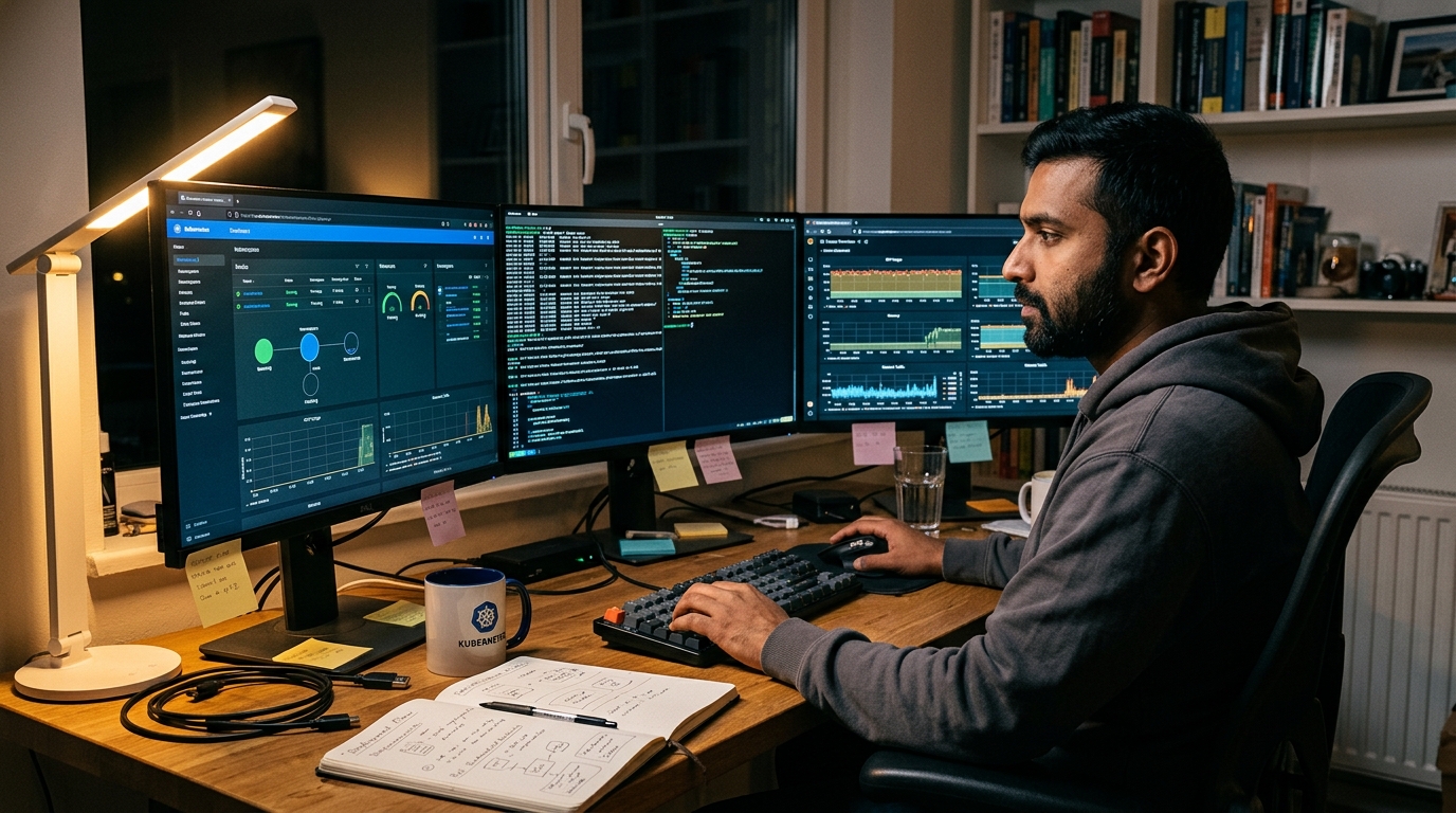Consultant at a multi-monitor setup studying Kubernetes and Grafana dashboards while learning platform engineering skills