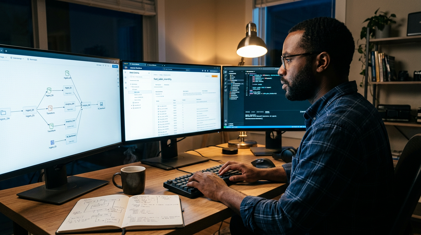 Data engineer reviewing a data lineage graph and catalog tool on multiple monitors at night