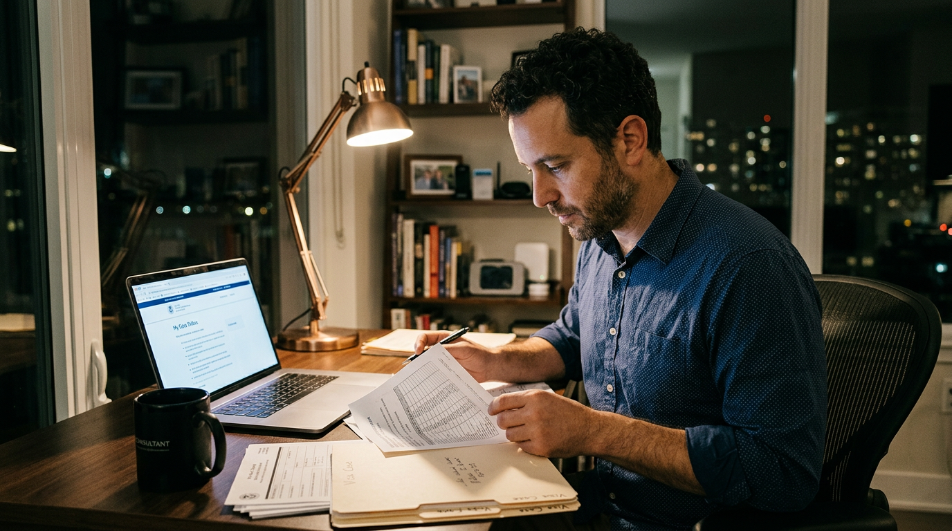 Consultant reviewing Visa Bulletin and I-485 paperwork at a home desk at night
