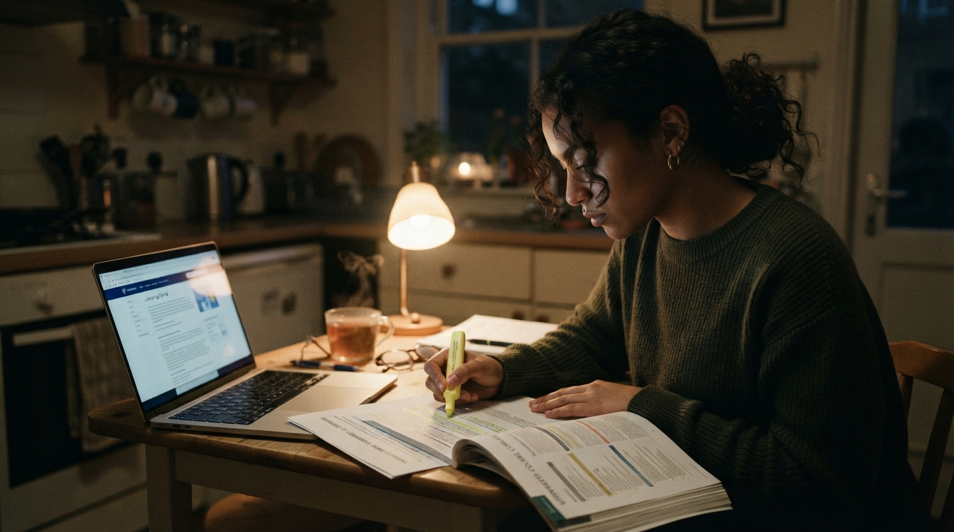 Student reviewing a printed enrollment agreement and course catalog at a kitchen table at night