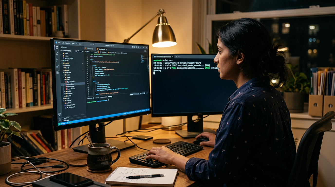Consultant reviewing a dbt project and test output on a dual-monitor desk setup at night