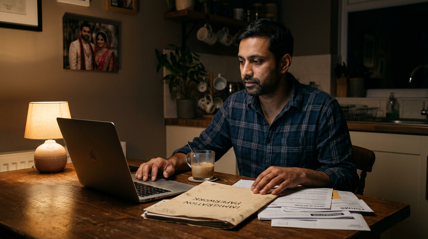 Consultant reviewing immigration paperwork at a kitchen table late at night