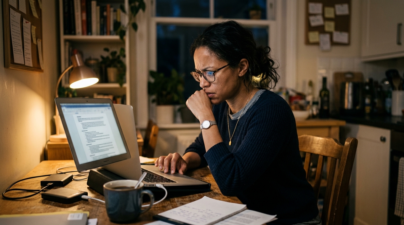 Consultant reviewing an AI-first job description on a laptop at night