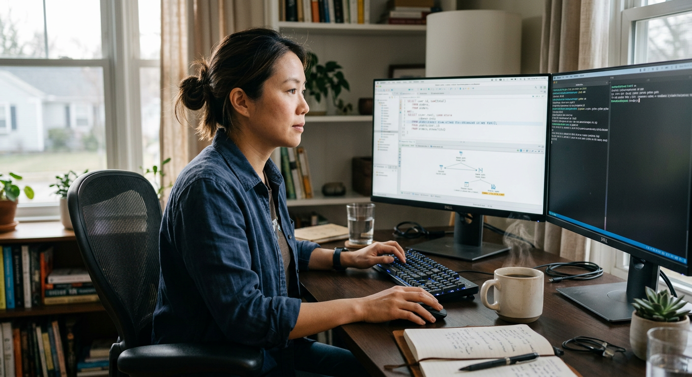 Consultant reviewing a SQL execution plan on a monitor during an early morning work session
