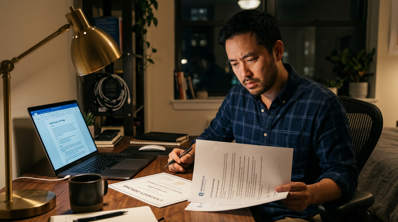 Consultant at night comparing his degree transcript against a job duties letter for an H-1B case