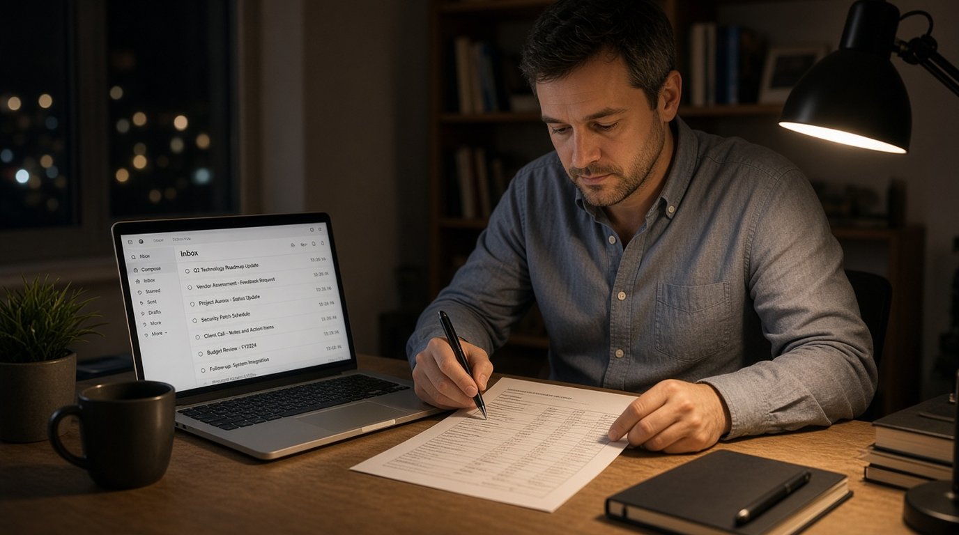 Consultant reviewing a printed submission log beside a laptop at a home office desk at night