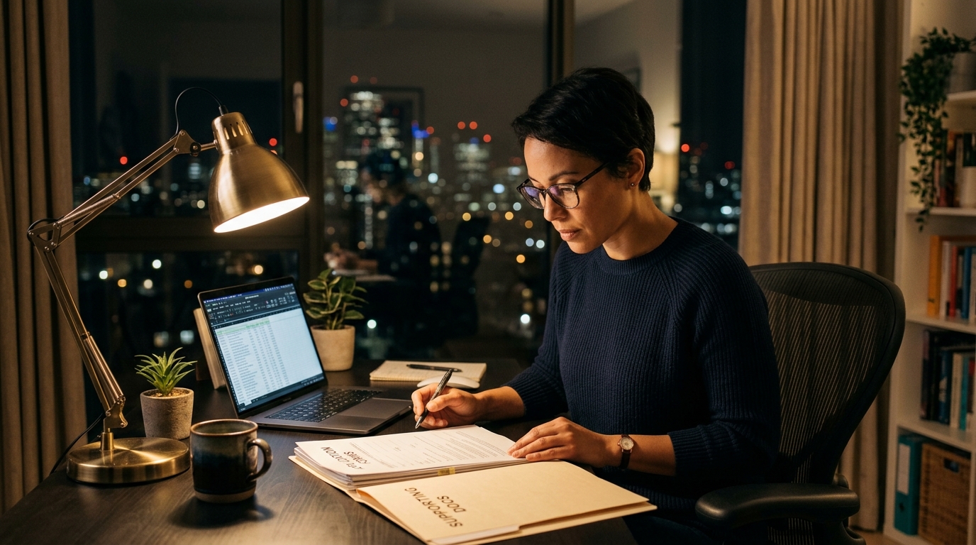 Consultant at desk at night comparing two immigration case folders under desk lamp