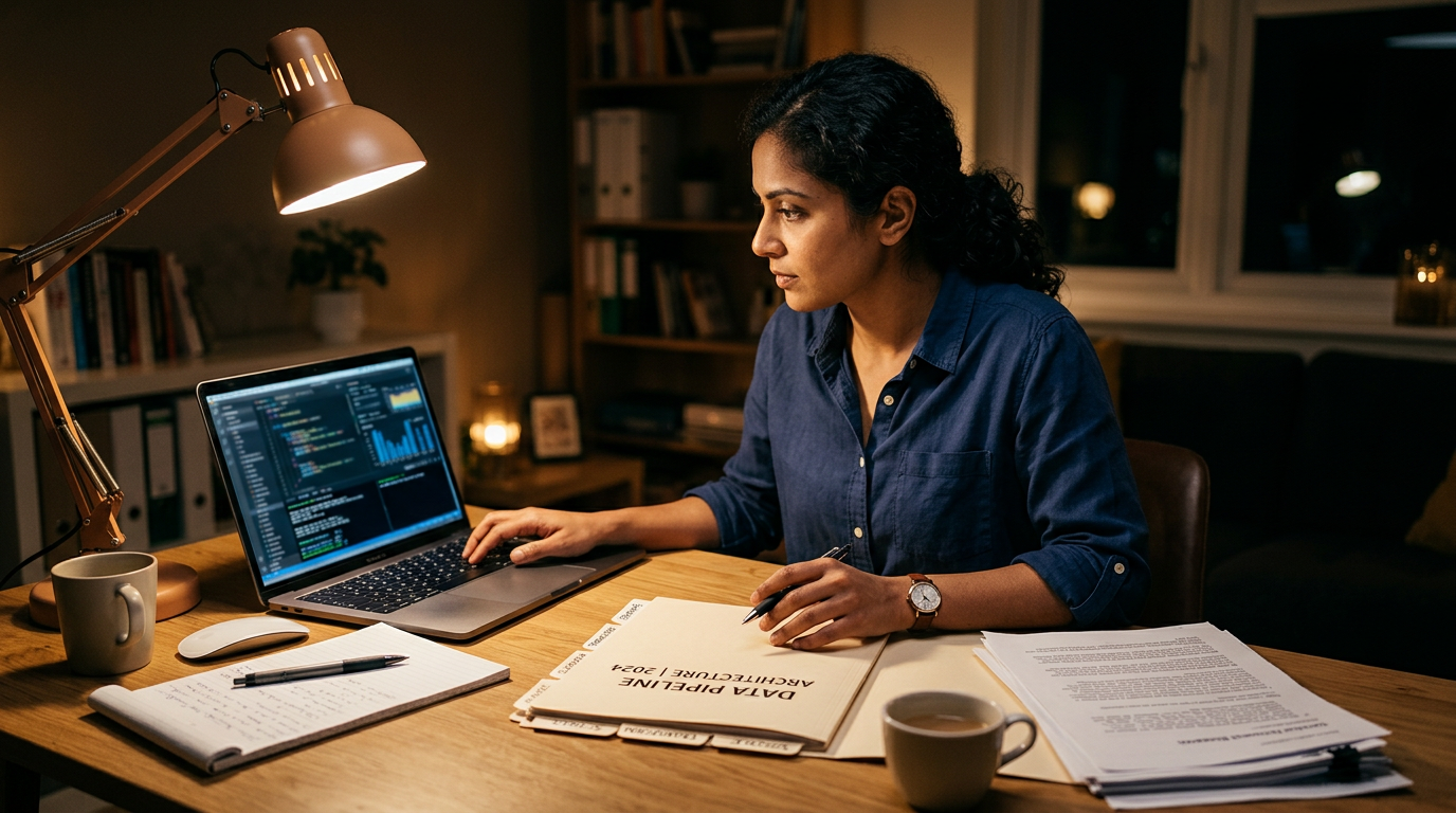 Consultant reviewing research documents at a home desk while preparing an EB-2 NIW self-petition