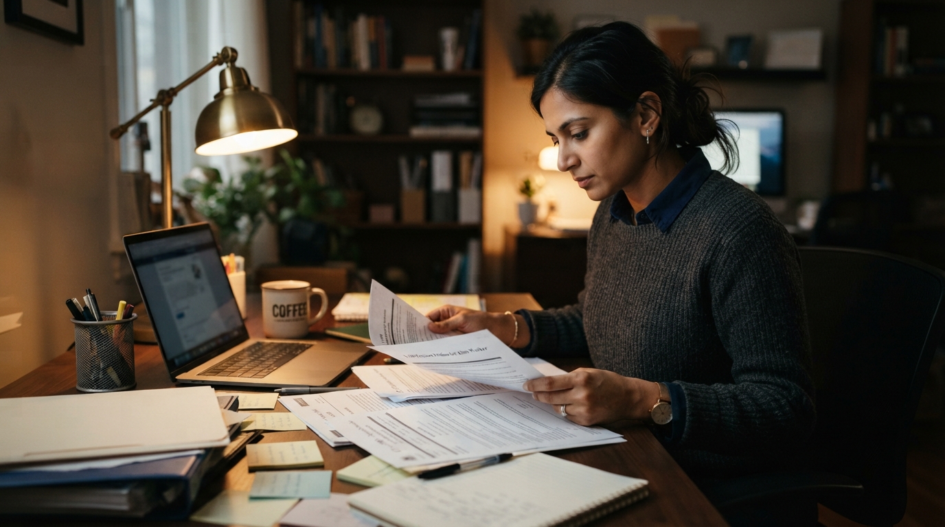 Consultant reviewing green card paperwork at a home desk at night