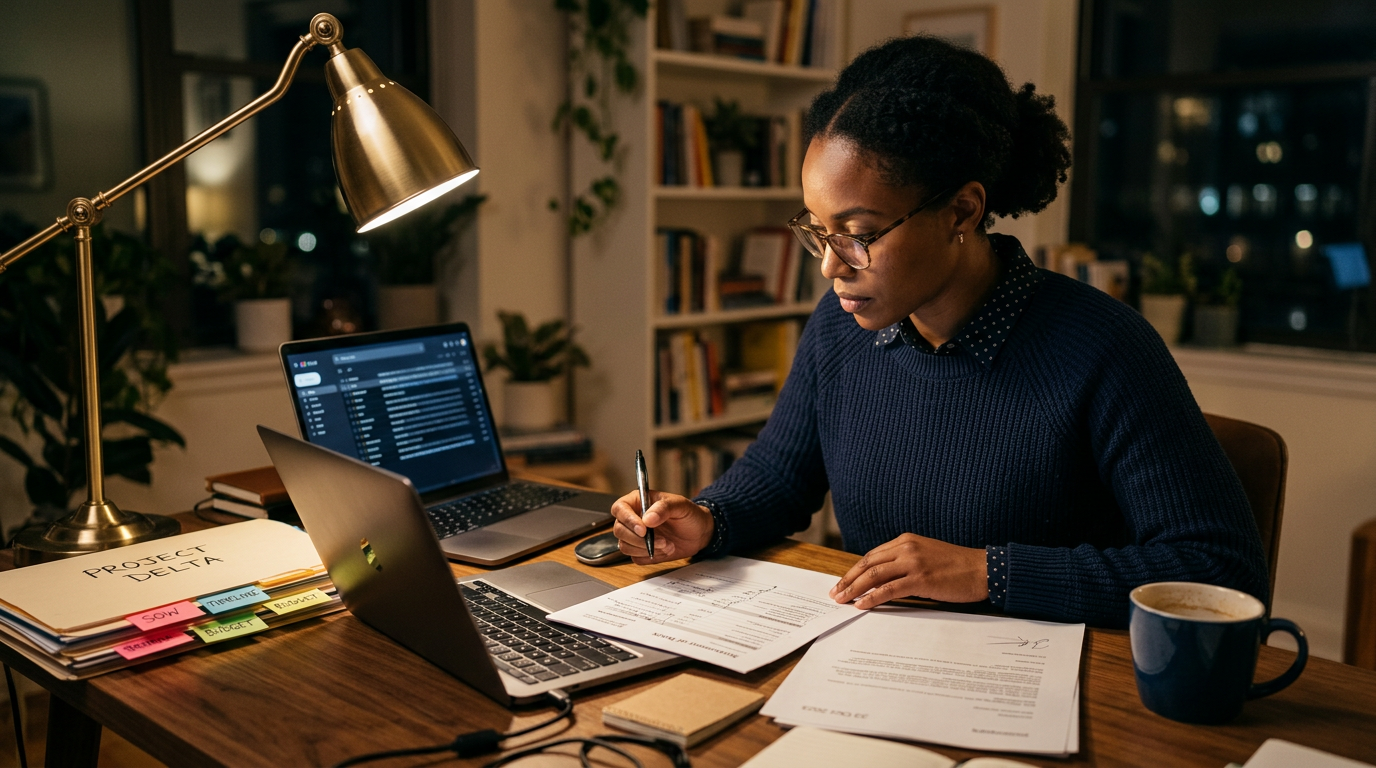 Consultant at a desk at night reviewing an end-client letter and statement of work for an H-1B petition