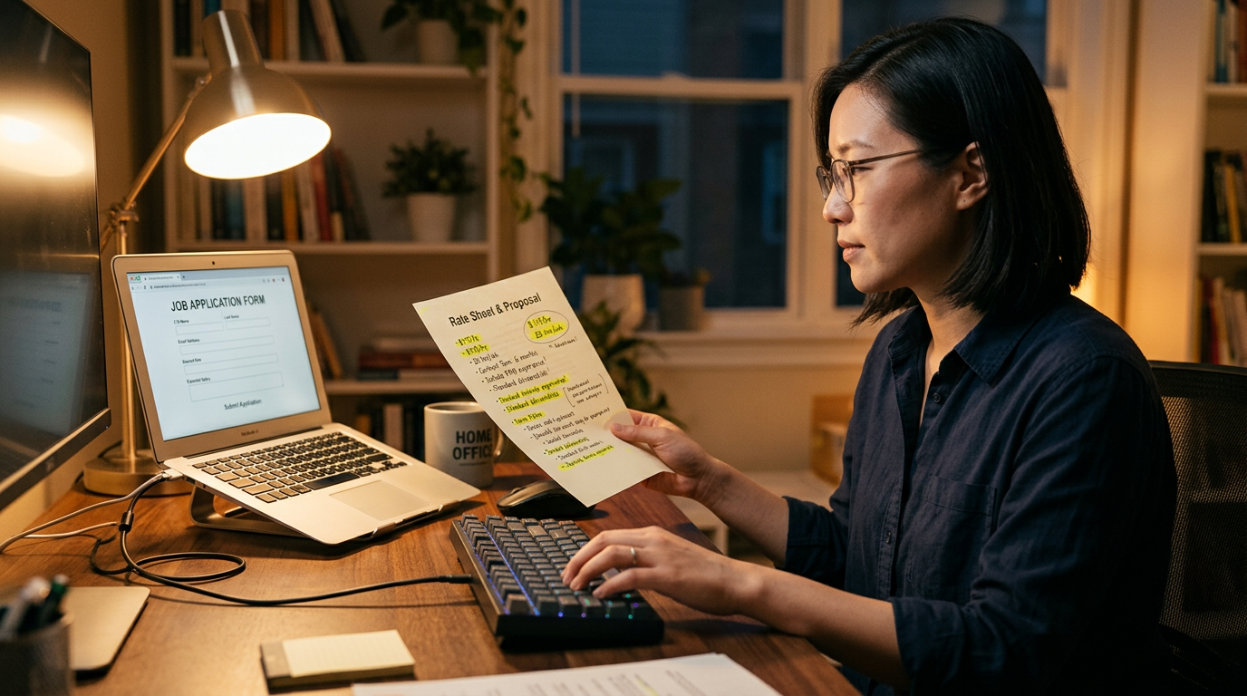 Consultant reviewing rate notes while filling out an application form on a laptop