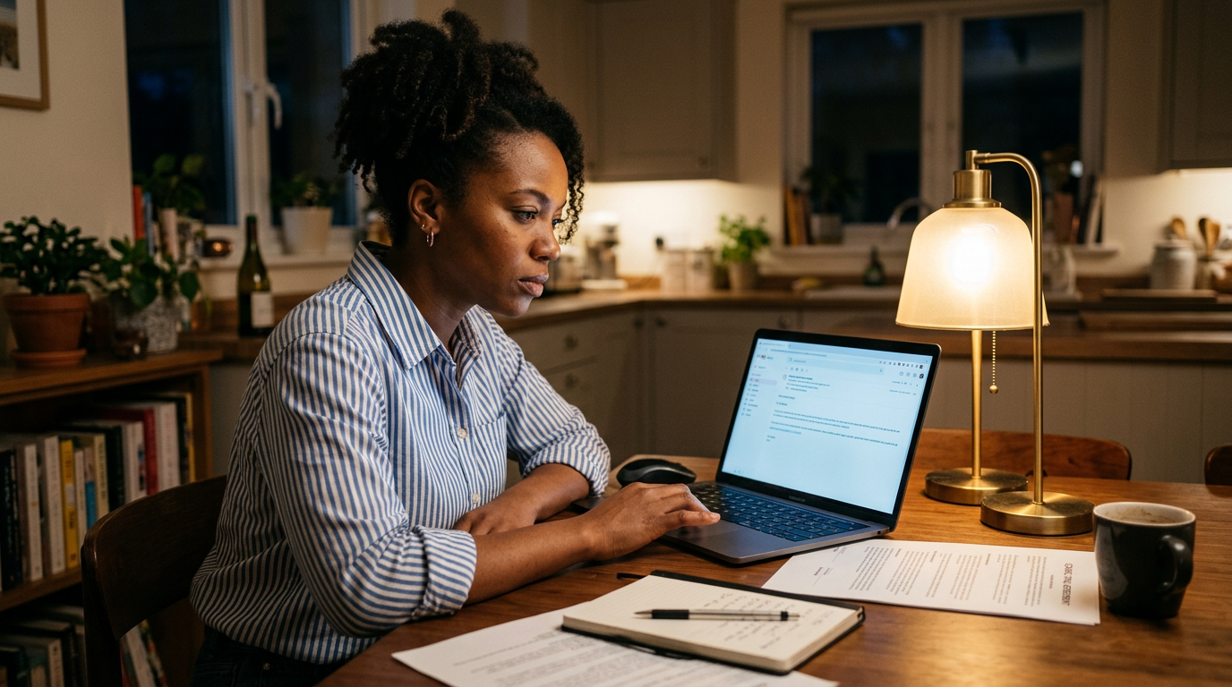 Consultant at a kitchen table at night reviewing a contract and notes about an extension