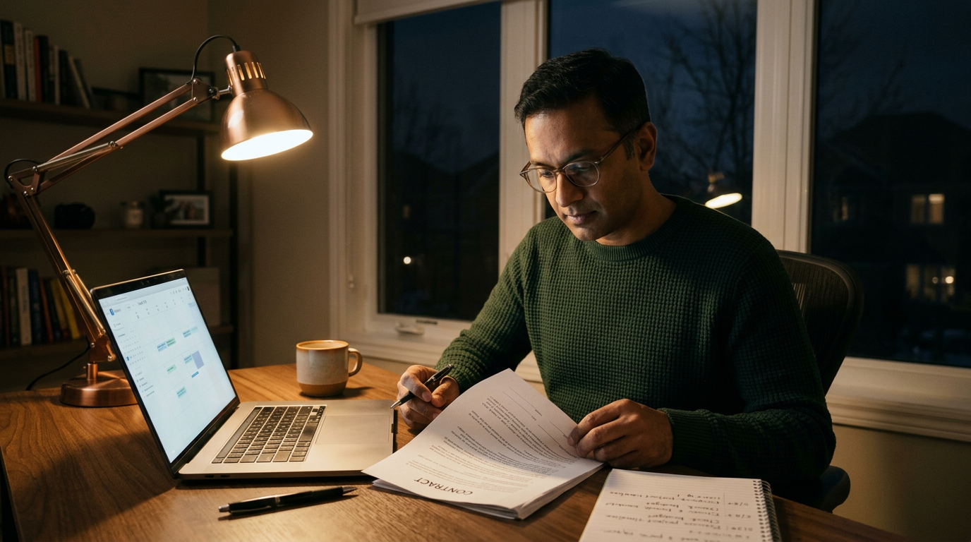 Consultant reviewing a contract and calendar at a desk during financial services audit and budget season