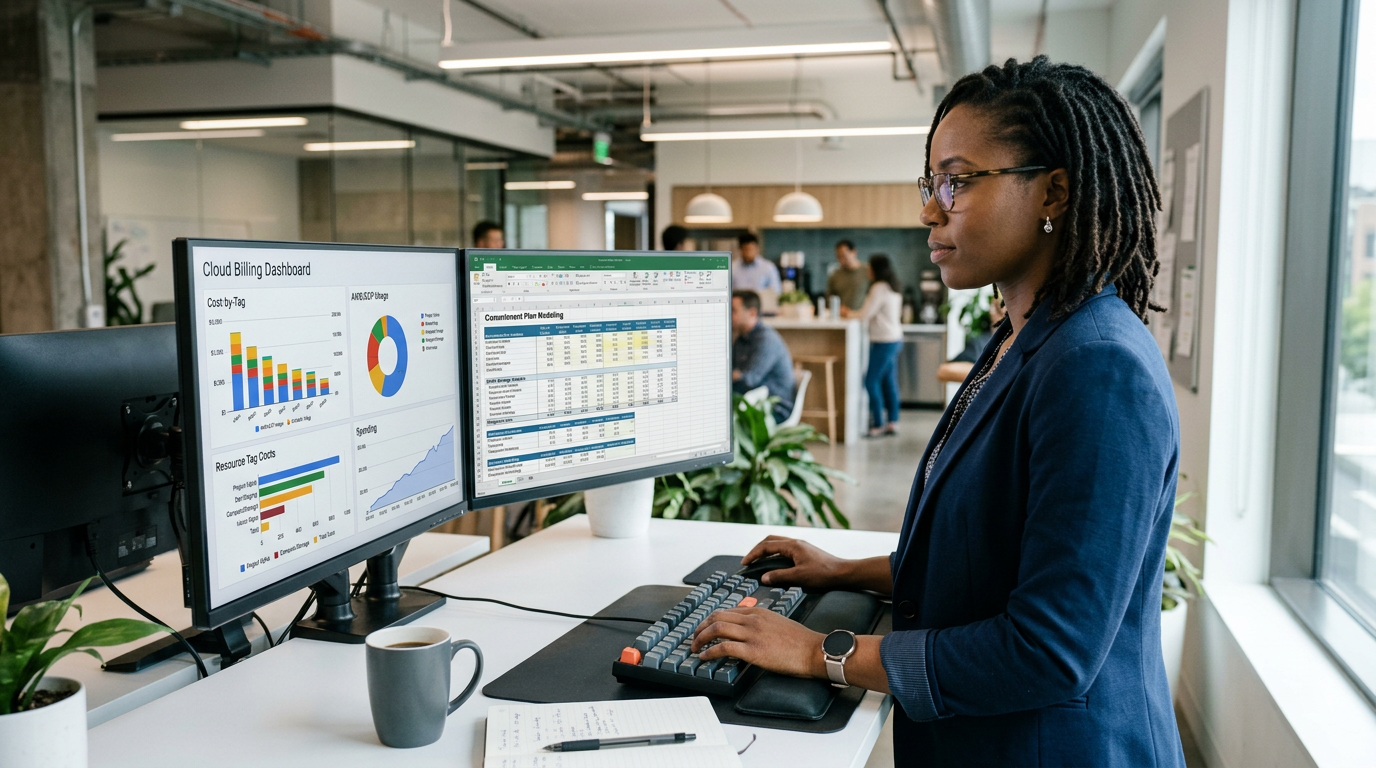 Engineer reviewing a cloud cost allocation dashboard on a dual-monitor workstation