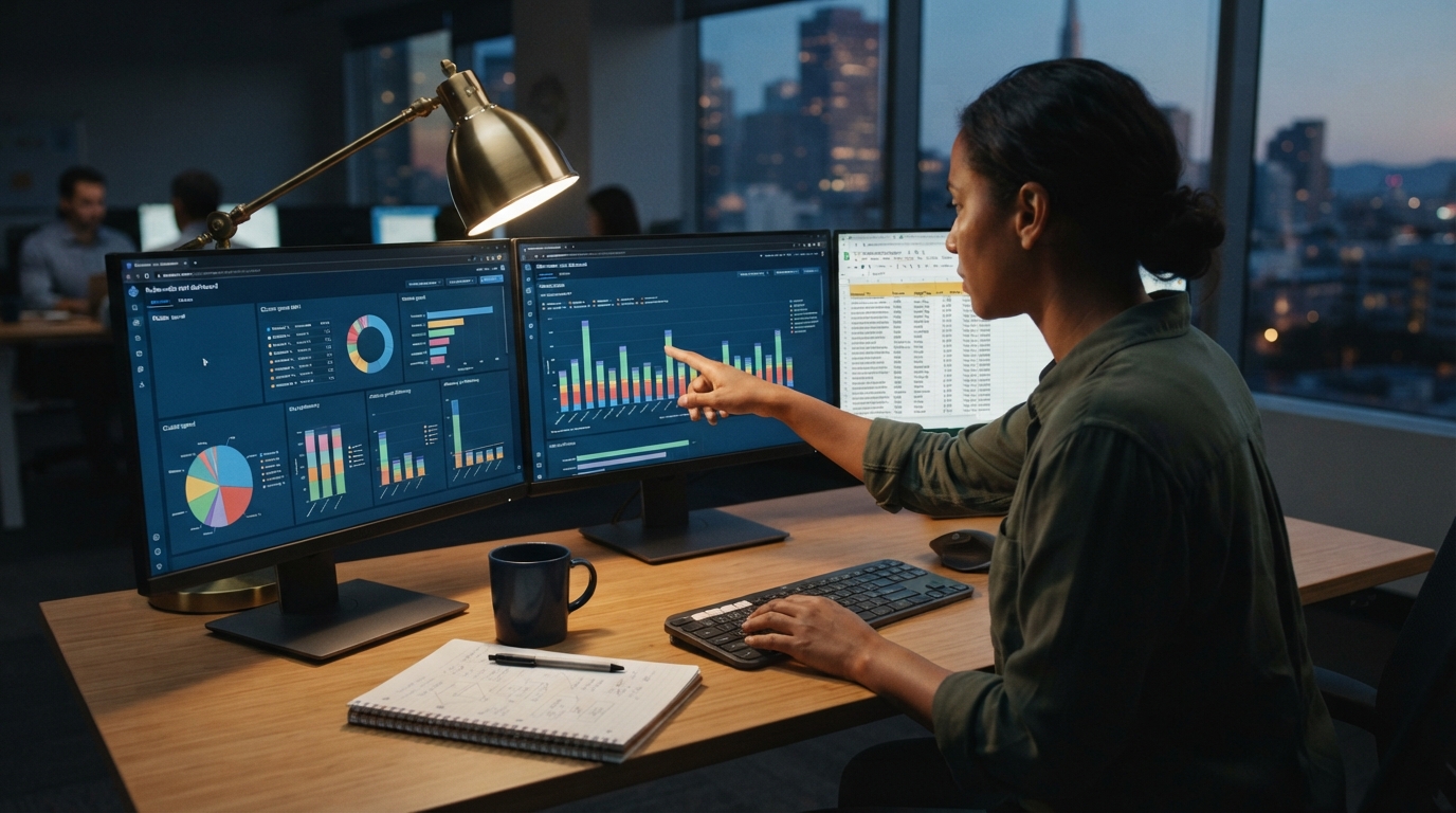 Cloud cost engineer reviewing Kubernetes cost allocation dashboards on a multi-monitor setup