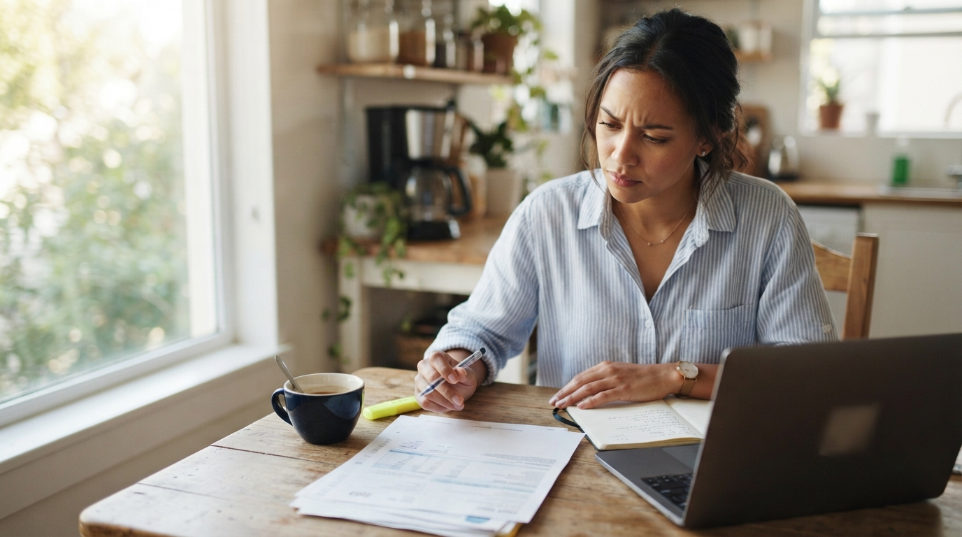 Young consultant reviewing a printed pay stub and laptop at a kitchen table in the morning