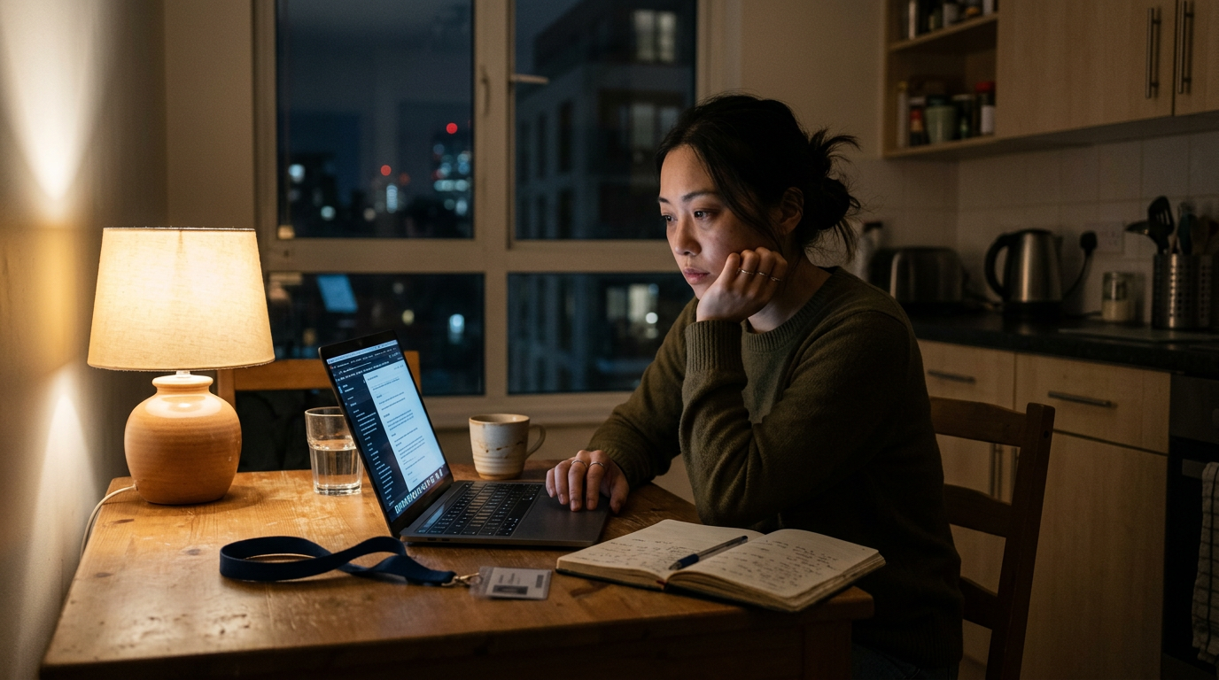 Young consultant at kitchen table at night with laptop after first project rolloff