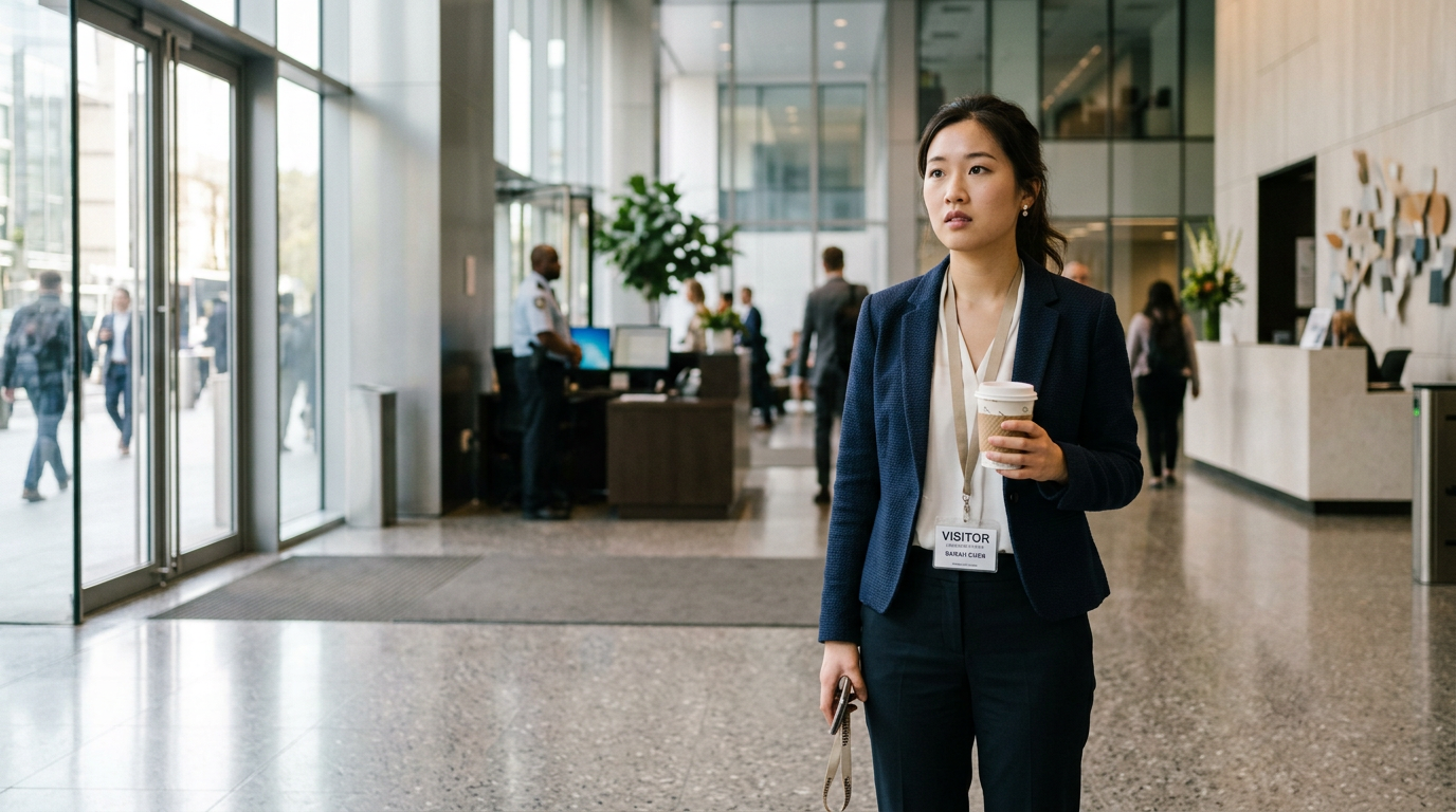 New consultant holding a visitor badge in a client office lobby on their first onsite day