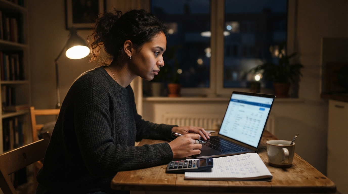 Consultant at a kitchen table late at night calculating a money transfer home on a laptop