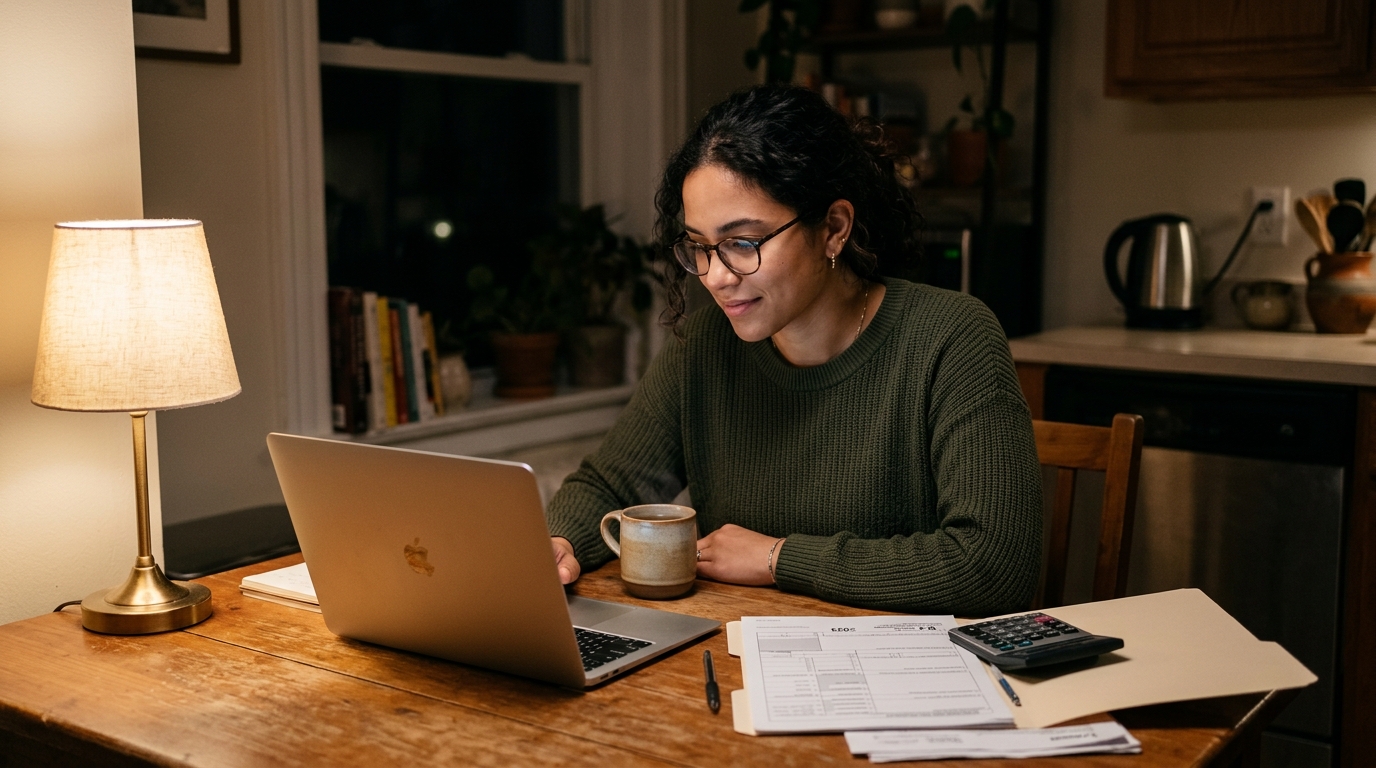 Young tech professional reviewing tax documents and a laptop at a kitchen table at night