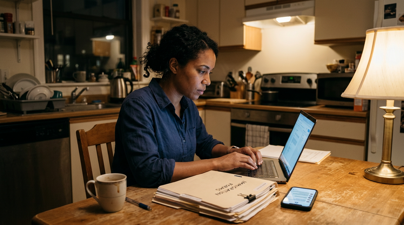 Consultant reviewing H-1B transfer paperwork at a kitchen table at night
