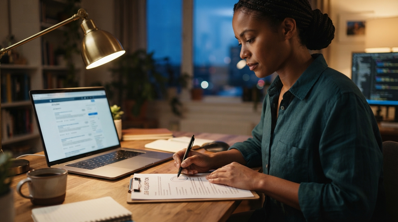 Consultant reviewing a printed staffing requisition at a desk with a laptop in the background
