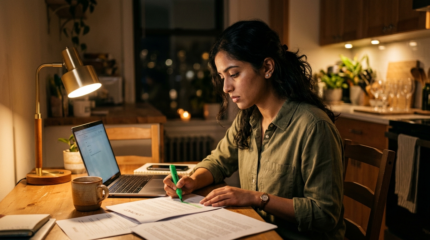 New IT consultant reviewing a contract and laptop at a kitchen table at night