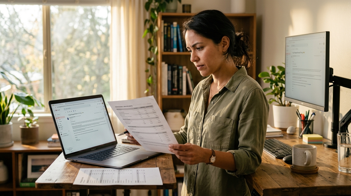 Contract consultant at a standing desk reviewing a rate sheet and laptop email thread