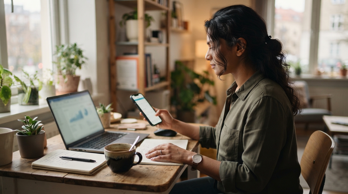 Consultant checking a calendar on their phone while working at a laptop, tracking a job submission timeline
