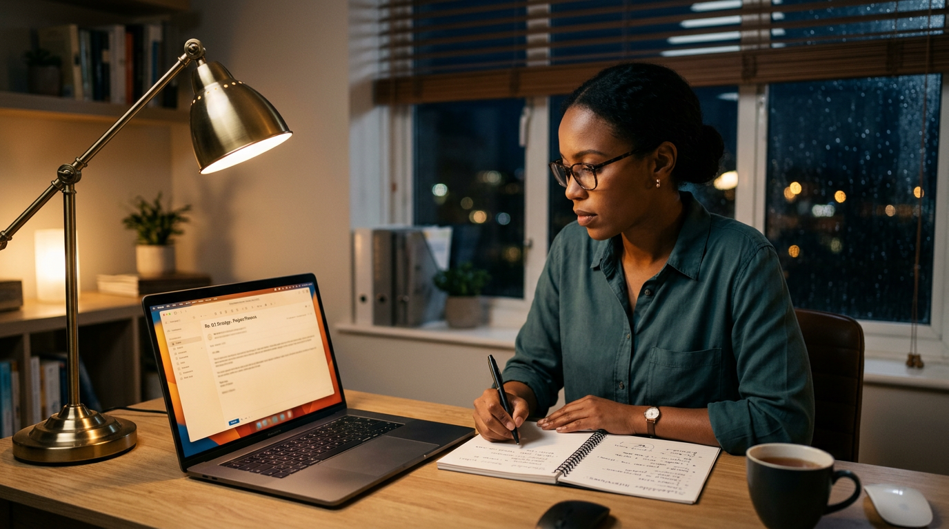 Consultant drafting a follow-up email at a laptop in a home office at night